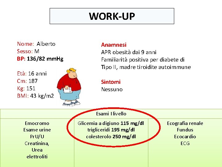 WORK-UP Nome: Alberto Sesso: M BP: 136/82 mm. Hg Età: 16 anni Cm: 187