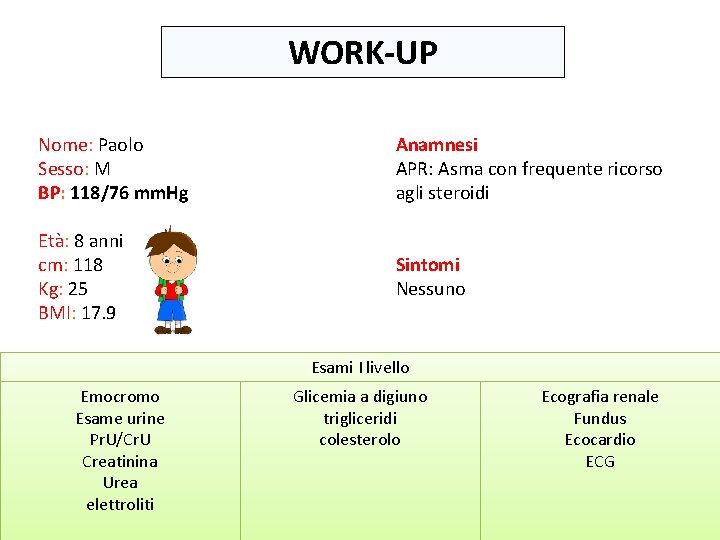 WORK-UP Nome: Paolo Sesso: M BP: 118/76 mm. Hg Anamnesi APR: Asma con frequente