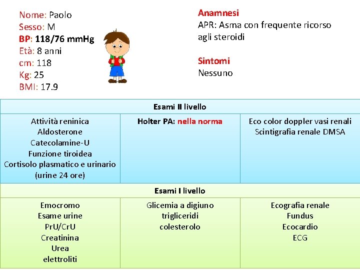 Nome: Paolo Sesso: M BP: 118/76 mm. Hg Età: 8 anni cm: 118 Kg: