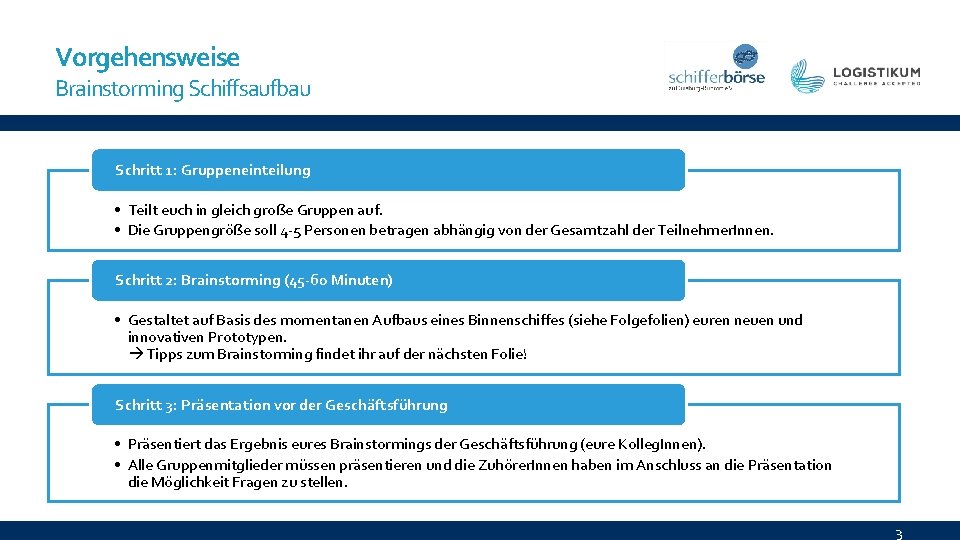 Vorgehensweise Brainstorming Schiffsaufbau Schritt 1: Gruppeneinteilung • Teilt euch in gleich große Gruppen auf.