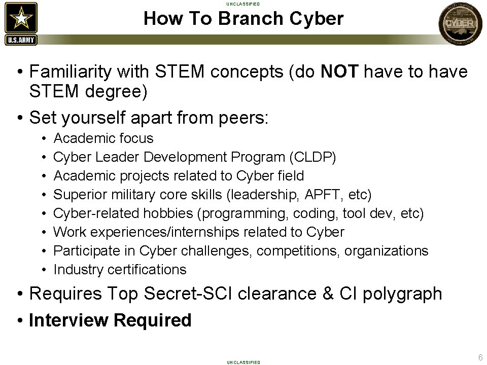 UNCLASSIFIED How To Branch Cyber • Familiarity with STEM concepts (do NOT have to