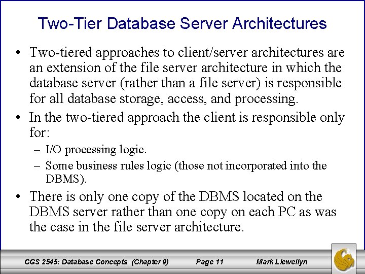 Two-Tier Database Server Architectures • Two-tiered approaches to client/server architectures are an extension of