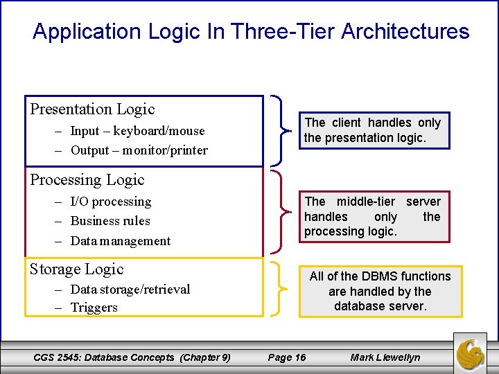Application Logic In Three-Tier Architectures Presentation Logic – Input – keyboard/mouse – Output –