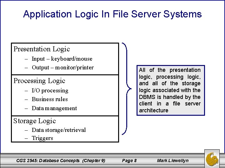 Application Logic In File Server Systems Presentation Logic – Input – keyboard/mouse – Output