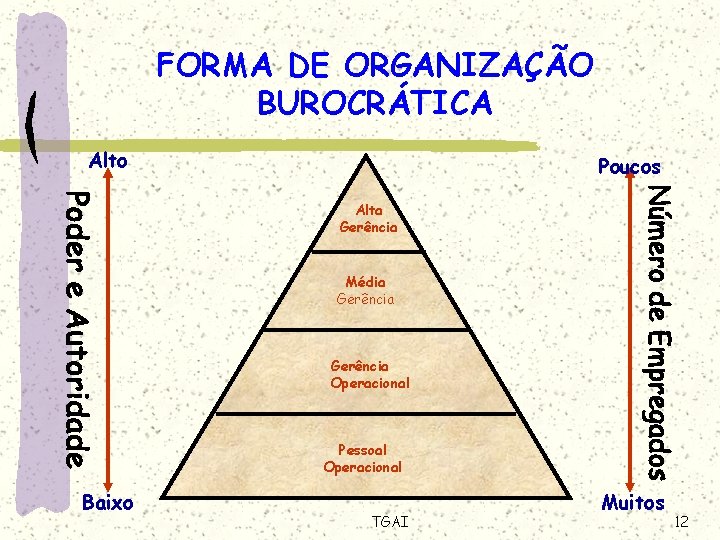 FORMA DE ORGANIZAÇÃO BUROCRÁTICA Alto Poucos Alta Gerência Média Gerência Operacional Pessoal Operacional Baixo