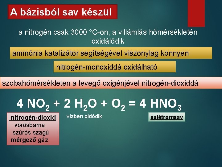 A bázisból sav készül a nitrogén csak 3000 °C-on, a villámlás hőmérsékletén oxidálódik ammónia