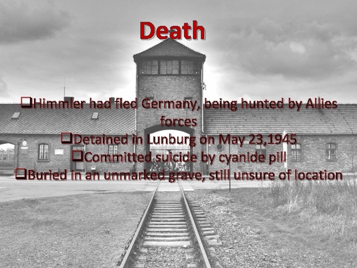 Death q. Himmler had fled Germany, being hunted by Allies forces q. Detained in