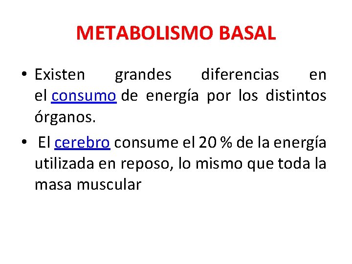 METABOLISMO BASAL • Existen grandes diferencias en el consumo de energía por los distintos