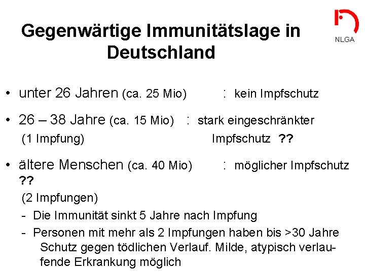 Gegenwärtige Immunitätslage in Deutschland • unter 26 Jahren (ca. 25 Mio) NLGA : kein