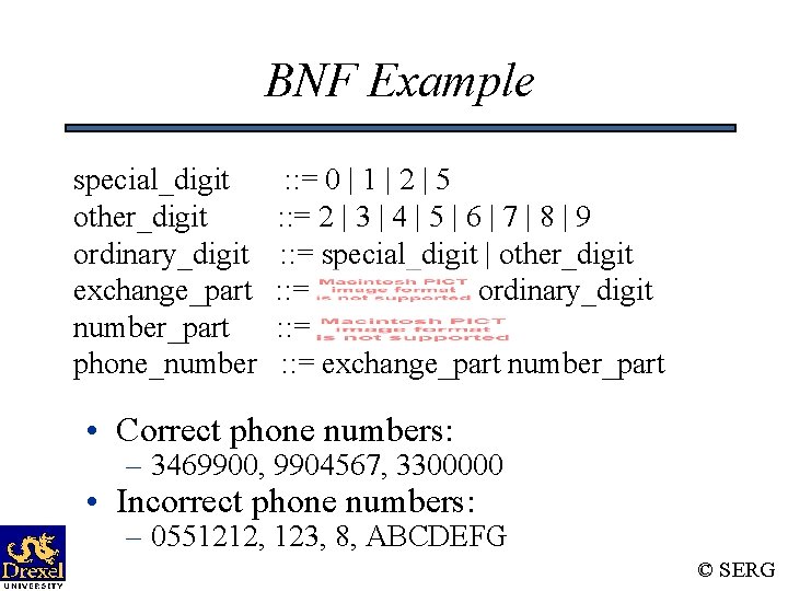BNF Example special_digit other_digit ordinary_digit exchange_part number_part phone_number : : = 0 | 1 BNF Example special_digit other_digit ordinary_digit exchange_part number_part phone_number : : = 0 | 1