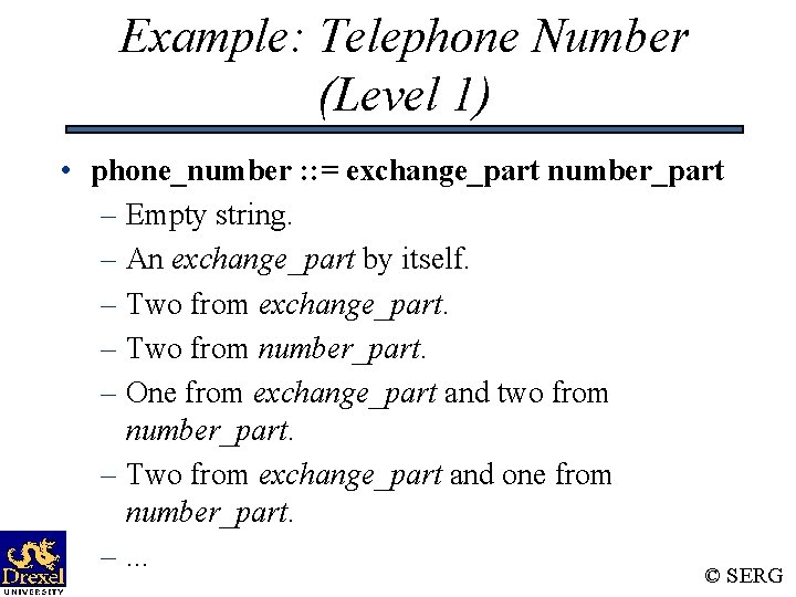 Example: Telephone Number (Level 1) • phone_number : : = exchange_part number_part – Empty Example: Telephone Number (Level 1) • phone_number : : = exchange_part number_part – Empty