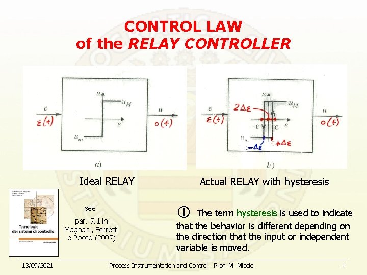 CONTROL LAW of the RELAY CONTROLLER Ideal RELAY see: par. 7. 1 in Magnani,