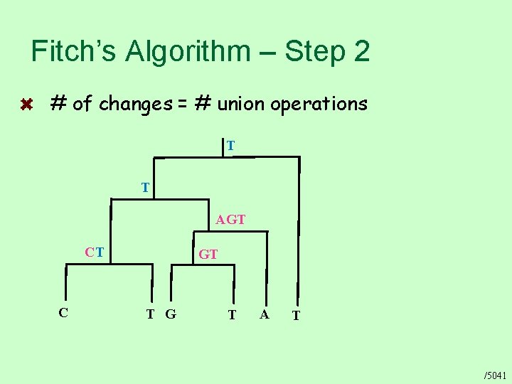 Fitch’s Algorithm – Step 2 # of changes = # union operations T T