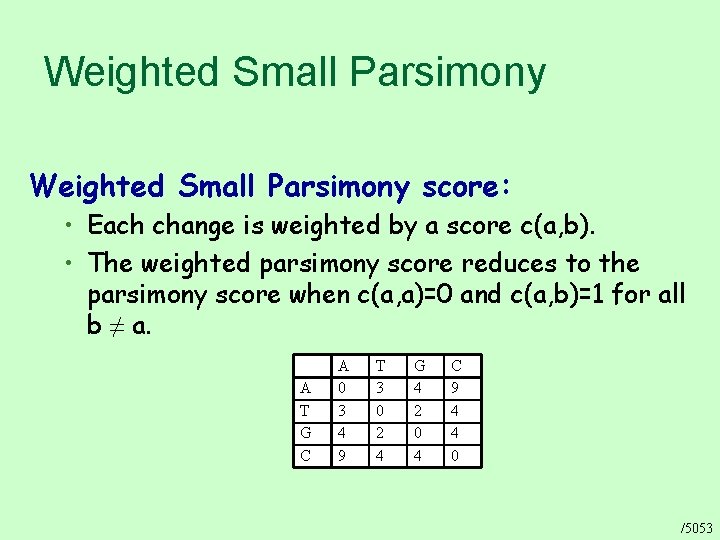 Weighted Small Parsimony score: • Each change is weighted by a score c(a, b).