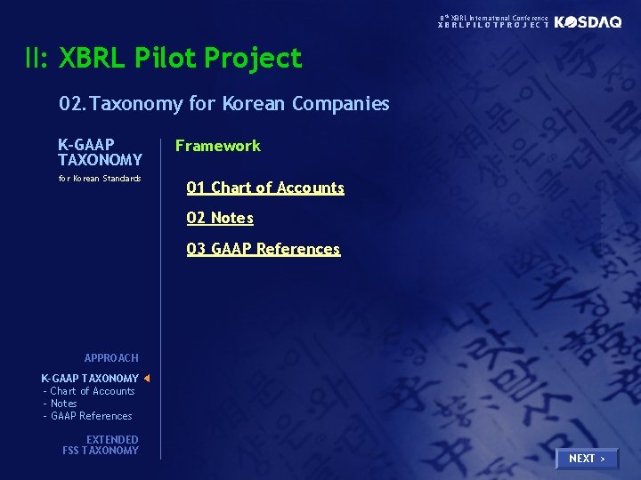 8 th XBRL International Conference XBRLPILOTPROJECT II: XBRL Pilot Project 02. Taxonomy for Korean