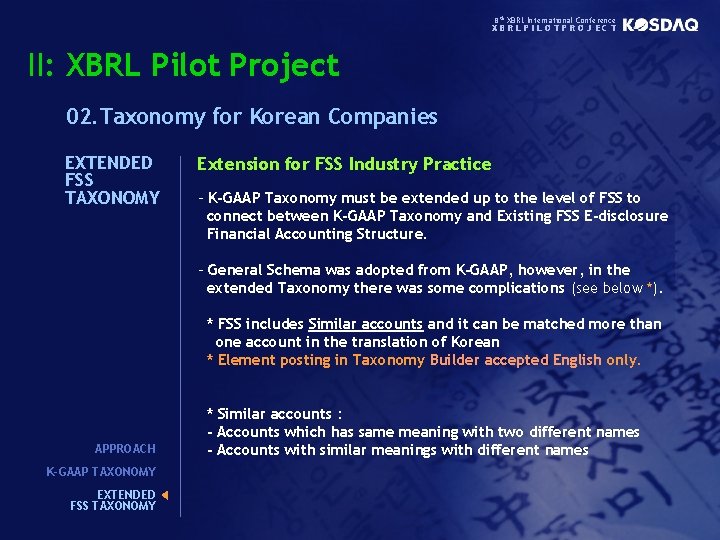 8 th XBRL International Conference XBRLPILOTPROJECT II: XBRL Pilot Project 02. Taxonomy for Korean