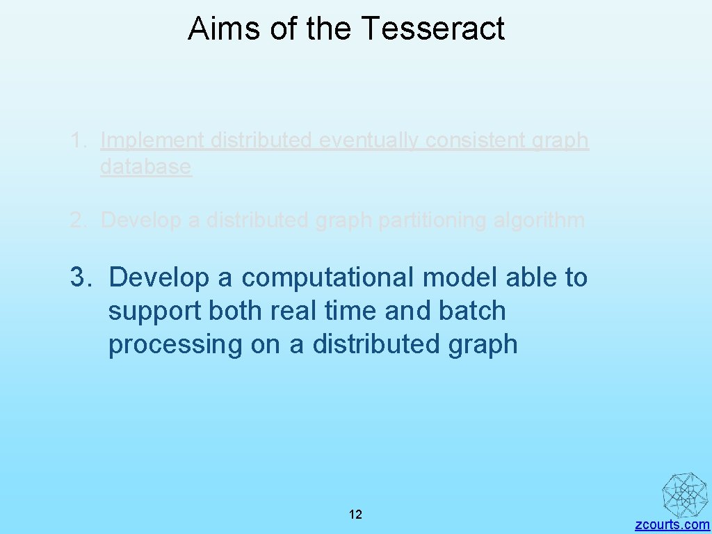 Aims of the Tesseract 1. Implement distributed eventually consistent graph database 2. Develop a