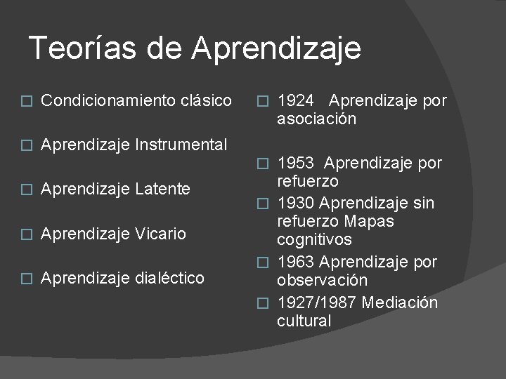 Teorías de Aprendizaje � Condicionamiento clásico � Aprendizaje Instrumental � 1953 Aprendizaje por refuerzo