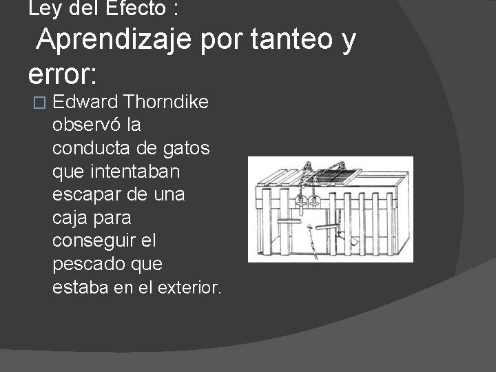 Ley del Efecto : Aprendizaje por tanteo y error: � Edward Thorndike observó la