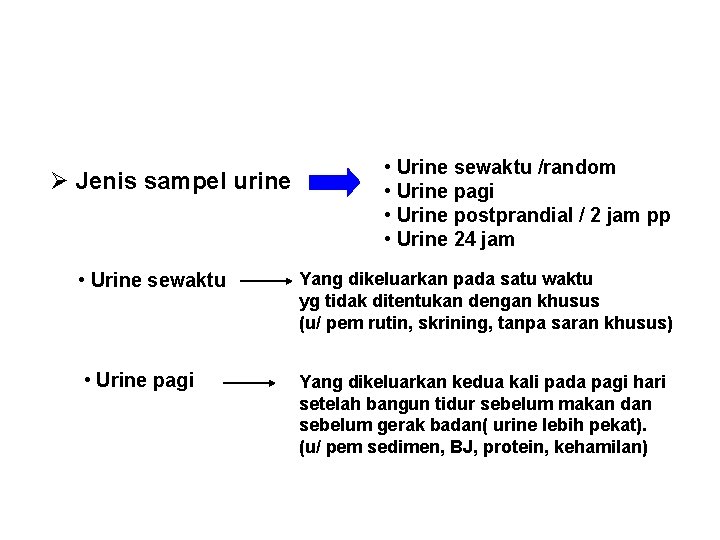 Ø Jenis sampel urine • Urine sewaktu • Urine pagi • Urine sewaktu /random