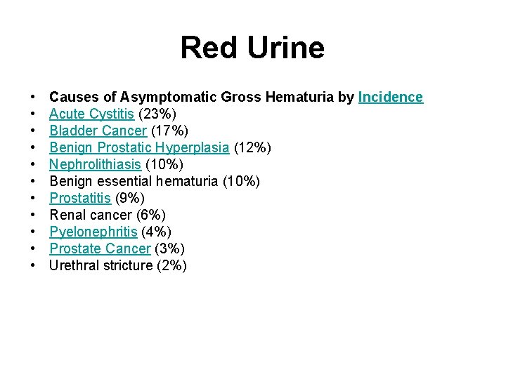 Red Urine • • • Causes of Asymptomatic Gross Hematuria by Incidence Acute Cystitis
