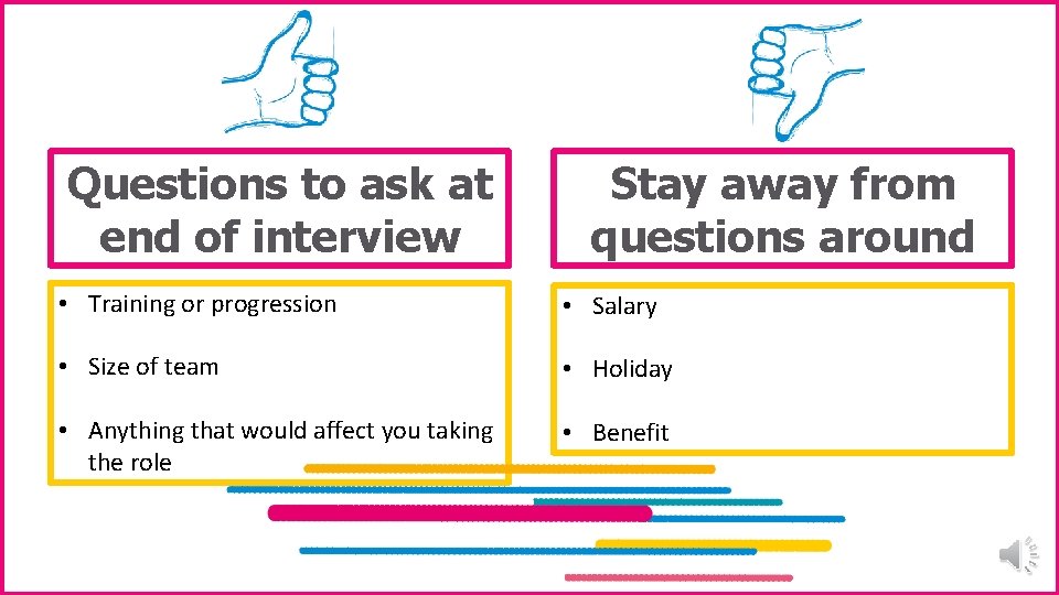 Questions to ask at end of interview Stay away from questions around • Training Questions to ask at end of interview Stay away from questions around • Training