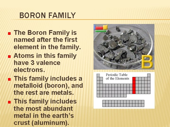 BORON FAMILY The Boron Family is named after the first element in the family.
