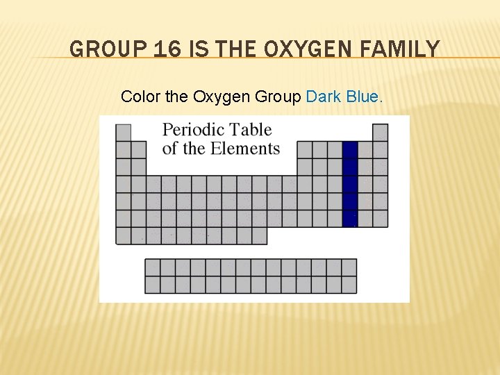 GROUP 16 IS THE OXYGEN FAMILY Color the Oxygen Group Dark Blue. 