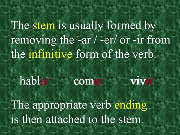 The stem is usually formed by removing the -ar / -er/ or -ir from