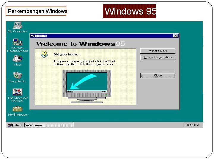 Perkembangan Windows 95 adalah sistem operasi hibrida 16 -bit/32 -bit yang diproduksi oleh Microsoft.