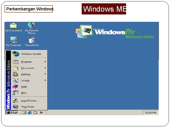 Perkembangan Windows ME Windows Me, Windows ME, atau Windows Millennium Edition adalah sebuah versi