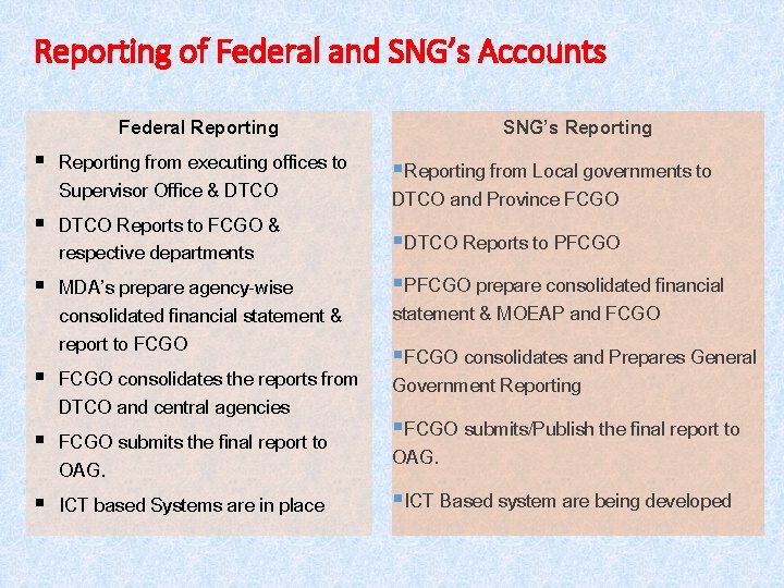 Reporting of Federal and SNG’s Accounts § § § Federal Reporting from executing offices