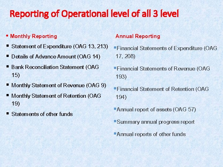 Reporting of Operational level of all 3 level • Monthly Reporting § Statement of