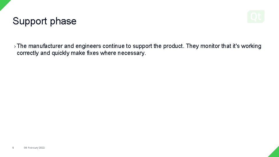 Support phase › The manufacturer and engineers continue to support the product. They monitor Support phase › The manufacturer and engineers continue to support the product. They monitor