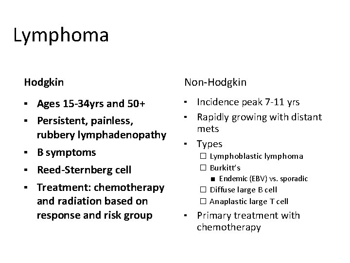 Lymphoma Hodgkin Non-Hodgkin ▪ Ages 15 -34 yrs and 50+ ▪ Incidence peak 7