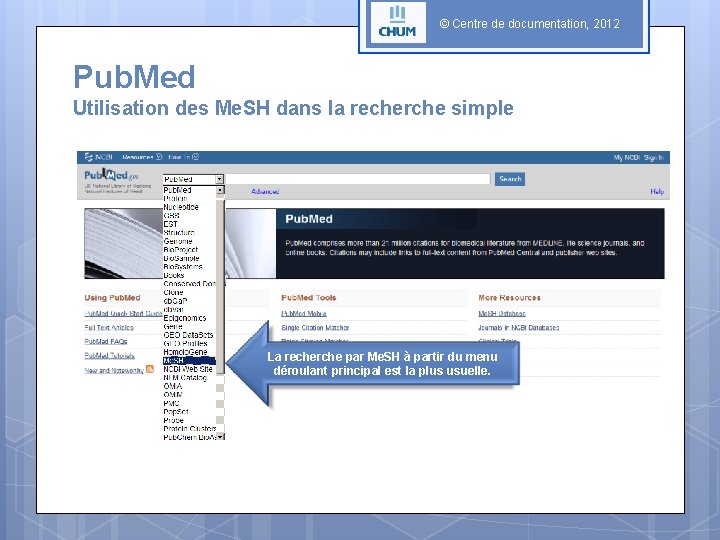 © Centre de documentation, 2012 Pub. Med Utilisation des Me. SH dans la recherche