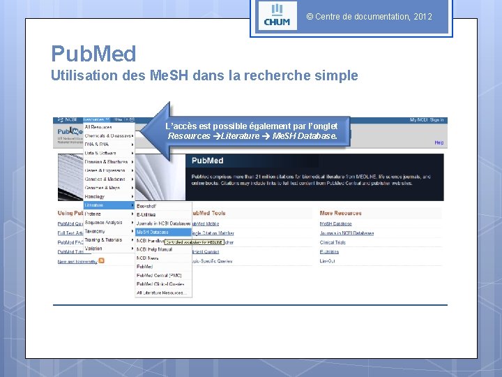 © Centre de documentation, 2012 Pub. Med Utilisation des Me. SH dans la recherche