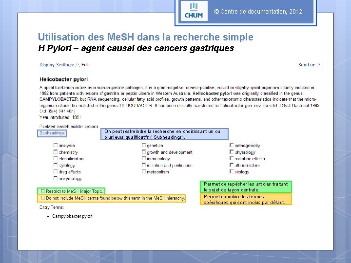 © Centre de documentation, 2012 Utilisation des Me. SH dans la recherche simple H