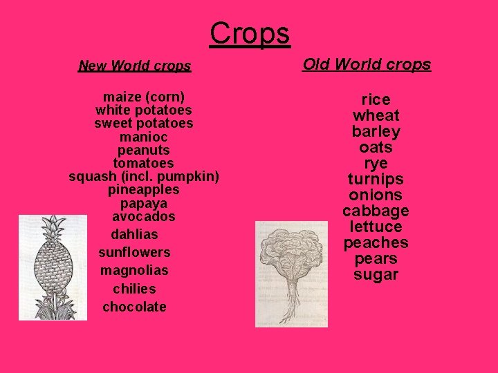 Crops New World crops maize (corn) white potatoes sweet potatoes manioc peanuts tomatoes squash