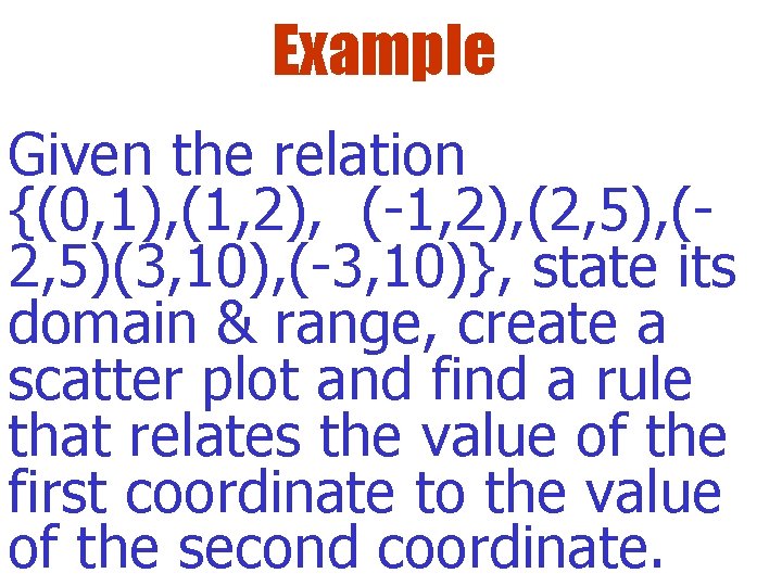 Example Given the relation {(0, 1), (1, 2), (-1, 2), (2, 5)(3, 10), (-3,