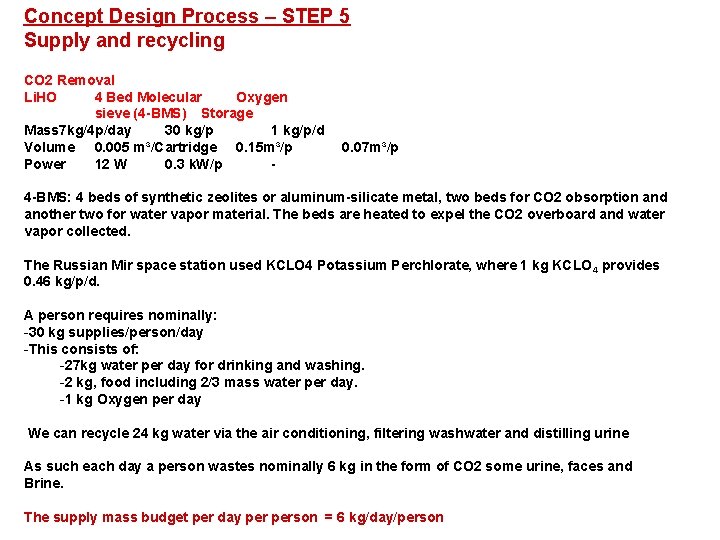 Concept Design Process – STEP 5 Supply and recycling CO 2 Removal Li. HO