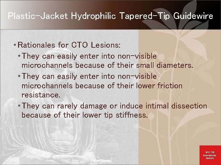Plastic-Jacket Hydrophilic Tapered-Tip Guidewire • Rationales for CTO Lesions: • They can easily enter
