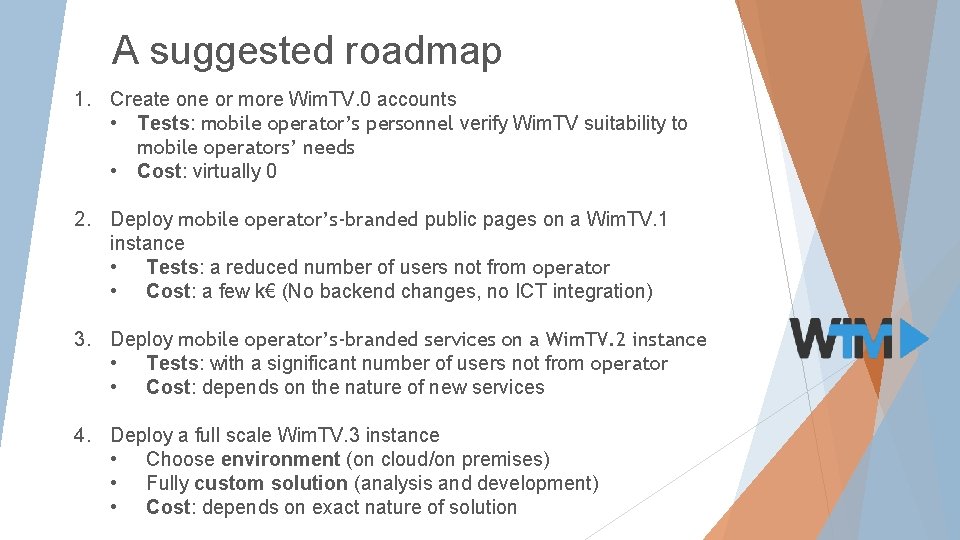 A suggested roadmap 1. Create one or more Wim. TV. 0 accounts • Tests: