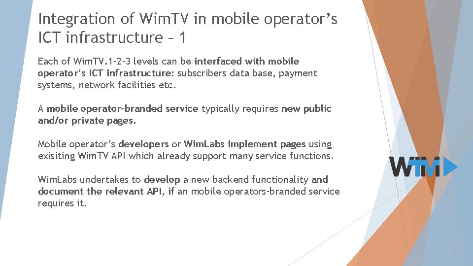 Integration of Wim. TV in mobile operator’s ICT infrastructure – 1 Each of Wim.
