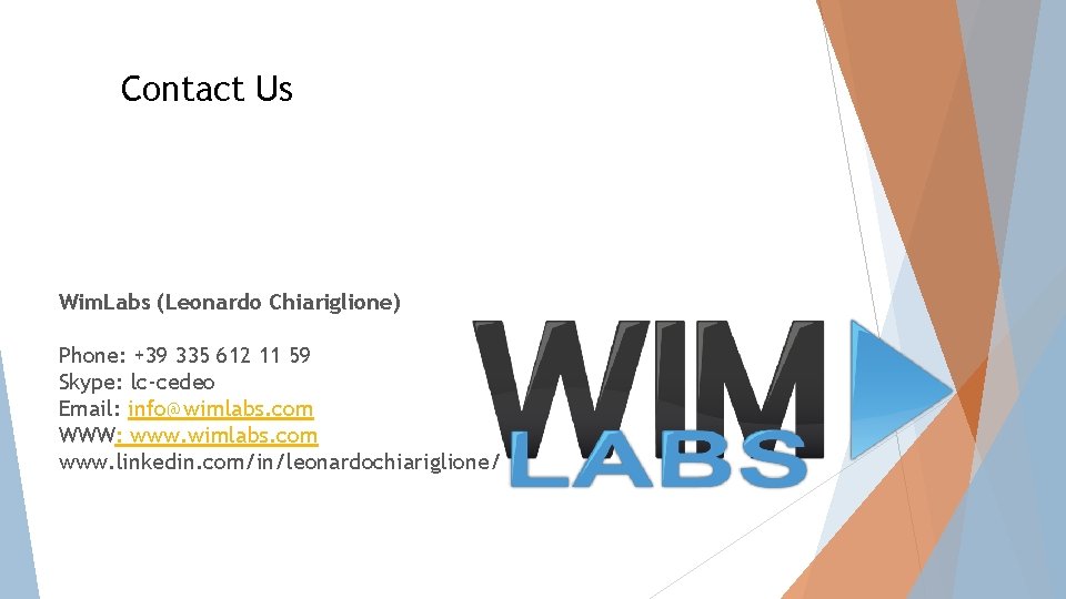 Contact Us Wim. Labs (Leonardo Chiariglione) Phone: +39 335 612 11 59 Skype: lc-cedeo