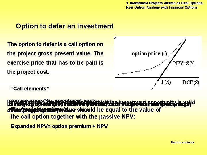 1. Investment Projects Viewed as Real Options. Real Option Analogy with Financial Options Option