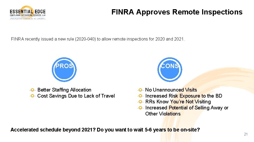 FINRA Approves Remote Inspections FINRA recently issued a new rule (2020 -040) to allow