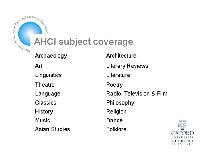 AHCI subject coverage Archaeology Architecture Art Literary Reviews Linguistics Literature Theatre Poetry Language Radio,