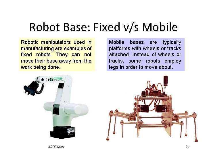 Robot Base: Fixed v/s Mobile Robotic manipulators used in manufacturing are examples of fixed