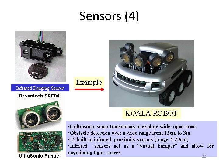 Sensors (4) Infrared Ranging Sensor Example KOALA ROBOT • 6 ultrasonic sonar transducers to